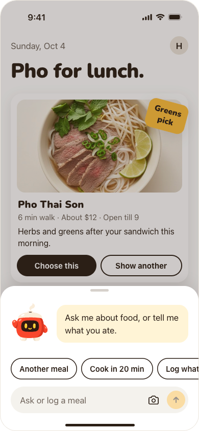 The Ask Donni sheet open over Today. Donni says: ask me about food, or tell me what you ate. Below are suggestions and a field to ask or log a meal.