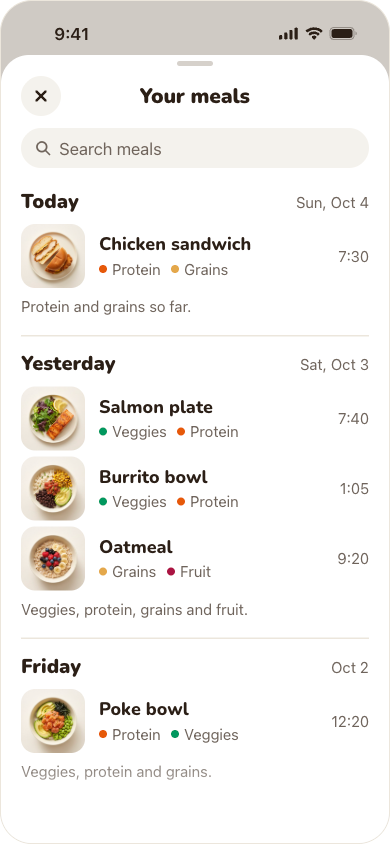 Donbu's Your meals screen with a search field and meals grouped by day. Today has a chicken sandwich. Yesterday has a salmon plate, a burrito bowl and oatmeal, each with its food groups.
