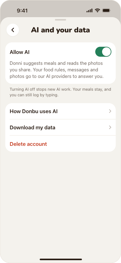Donbu's AI and your data screen with the Allow AI switch on, then rows for How Donbu uses AI, Download my data and Delete account.